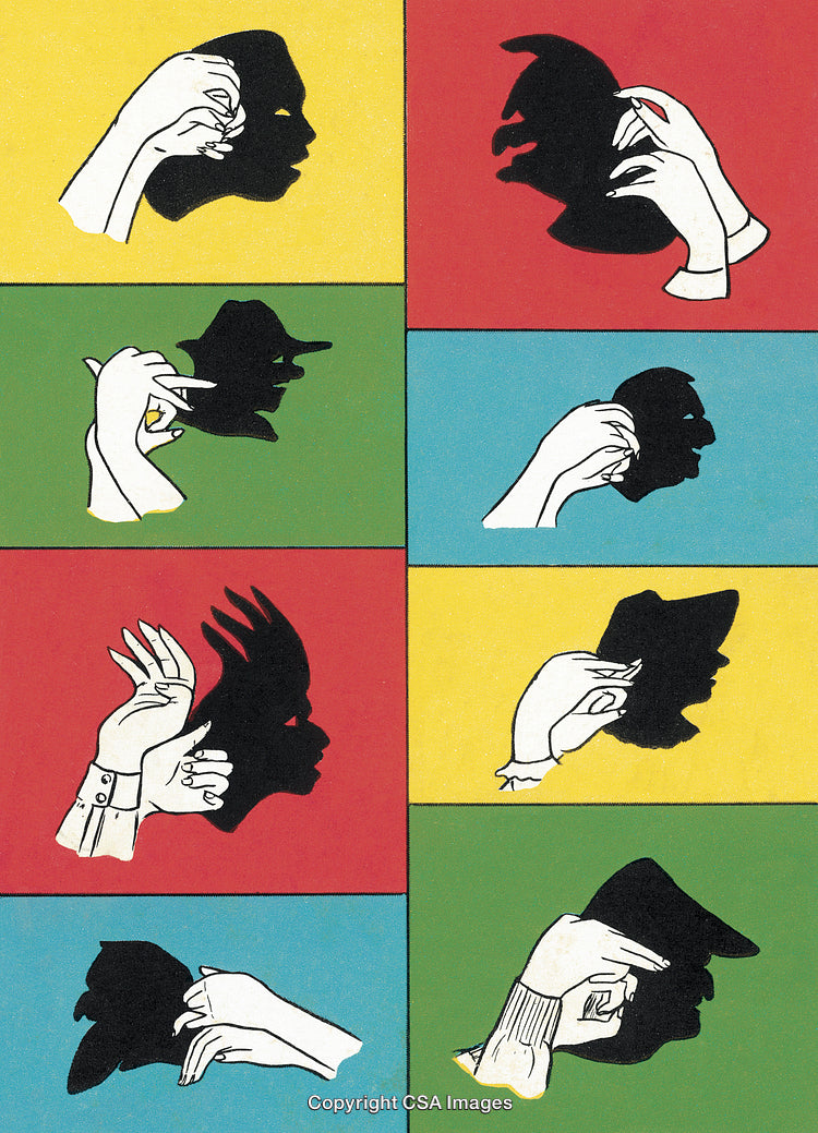 Colorful Hand Shadow Puppets Illustrating Artistic Silhouettes on Bright Backgrounds