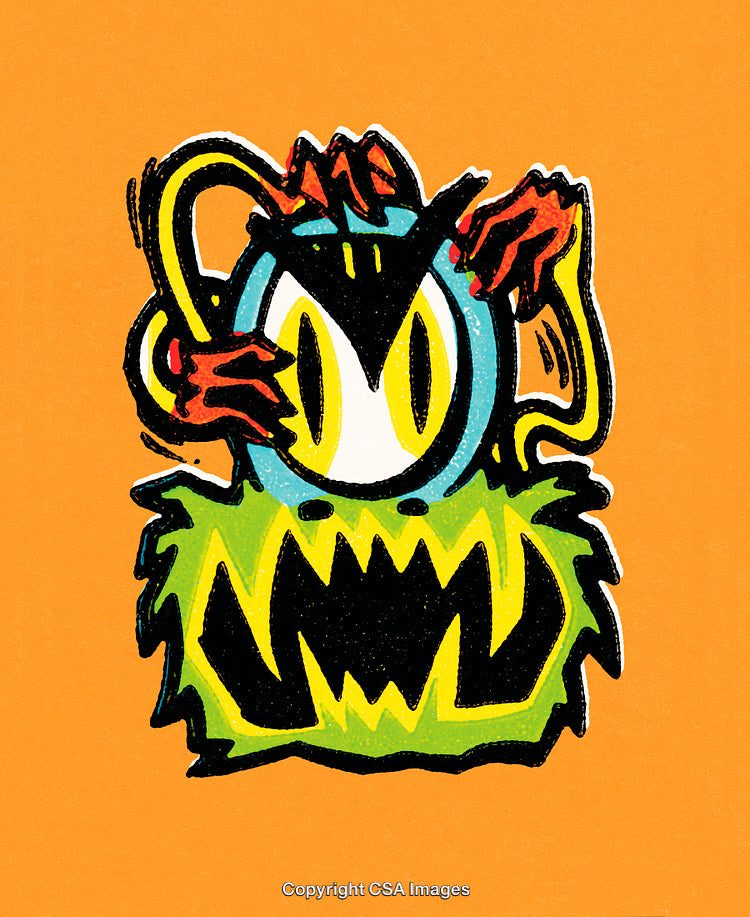 Colorful Abstract Cartoon-Like Character Against a Bright Orange Background