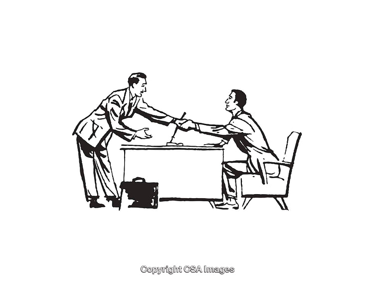 Vintage Style Business Handshake Illustration in Black and White Line Art
