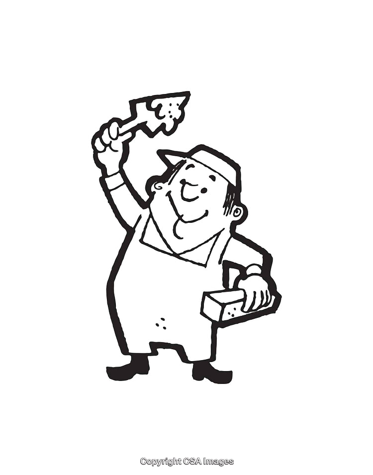 Black and White Line Art Illustration of a Cheerful Bricklayer Holding Tools