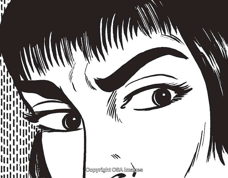 Black and White Illustration of a Woman's Eye Expressing Curiosity and Mystery