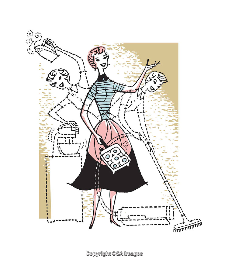 Retro Style Illustration of a Homemaker Managing Diverse Household Tasks