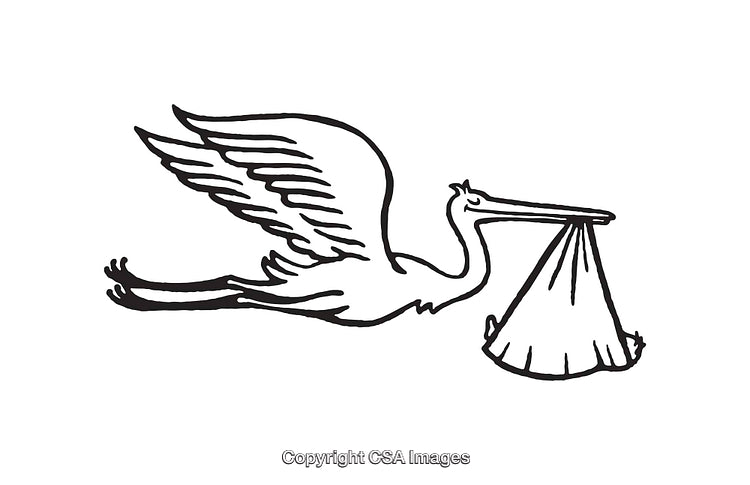 Black and White Line Art of a Traditional Stork Carrying a Baby Bundle