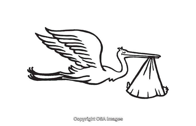 Black and White Line Art of a Traditional Stork Carrying a Baby Bundle