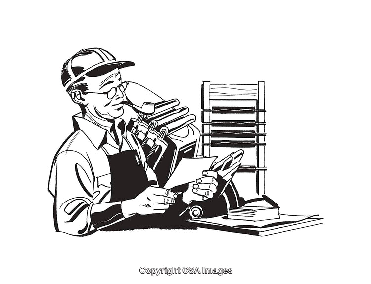 Vintage Line Art of a Worker Operating Printing Equipment in Retro Style