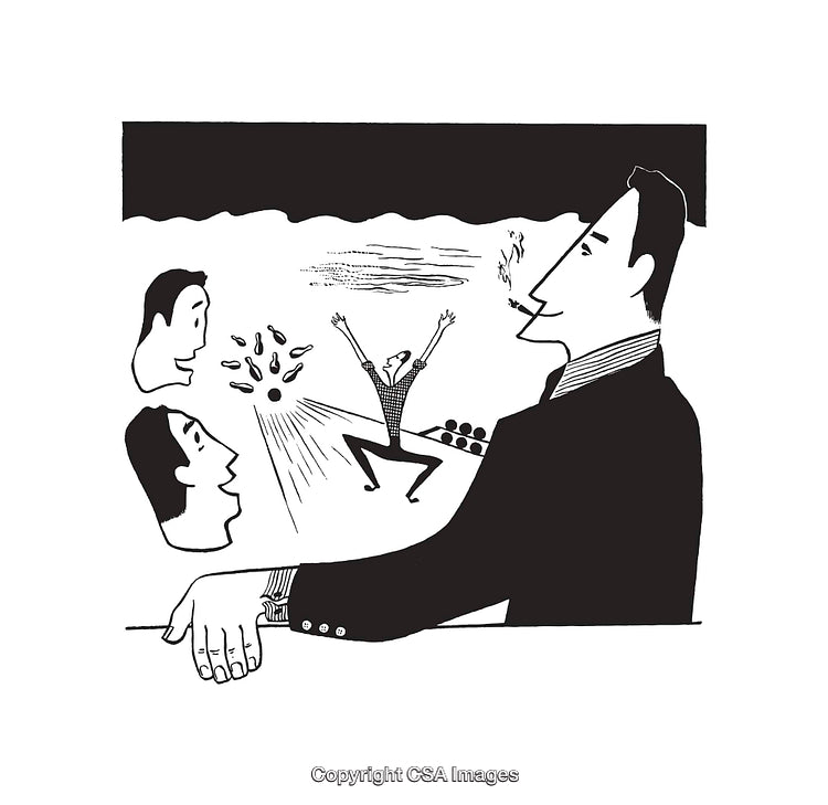 Conceptual Black and White Illustration with Abstract Forms and Human Figures