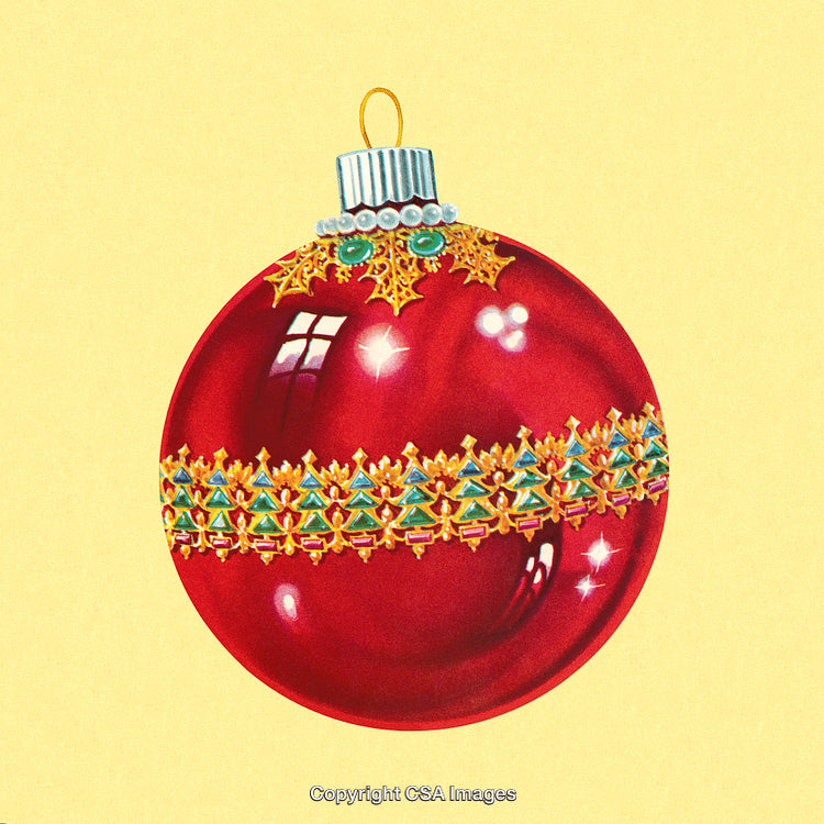 Red Christmas Ornament with Gold and Green Decorative Pattern on Yellow Background