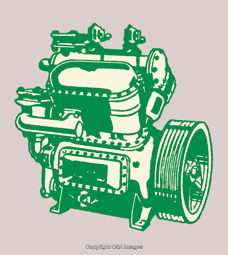 Green Illustration of Vintage Mechanical Engine on Neutral Background