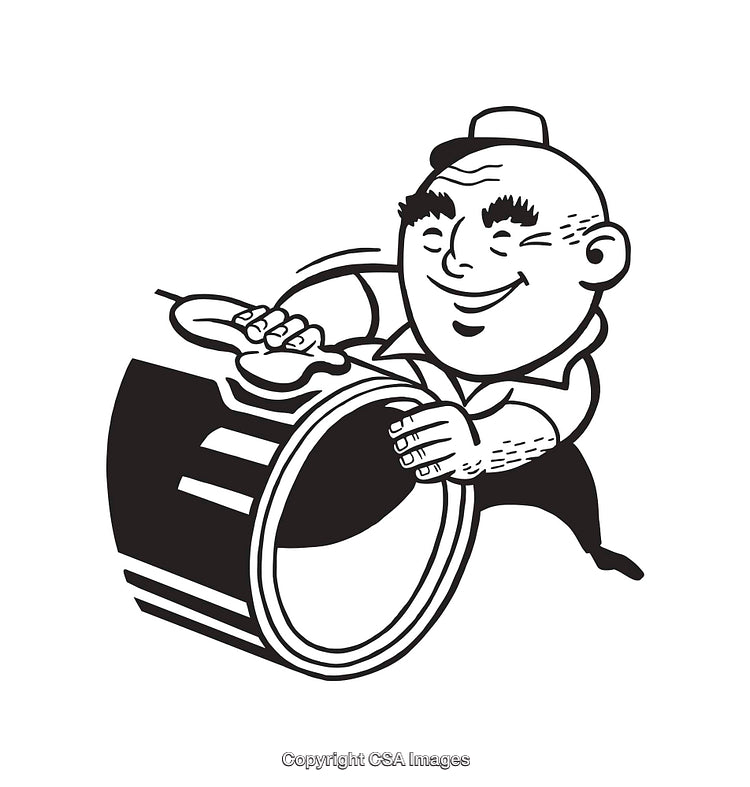 Vintage Line Art Illustration of a Worker Smiling With Drum