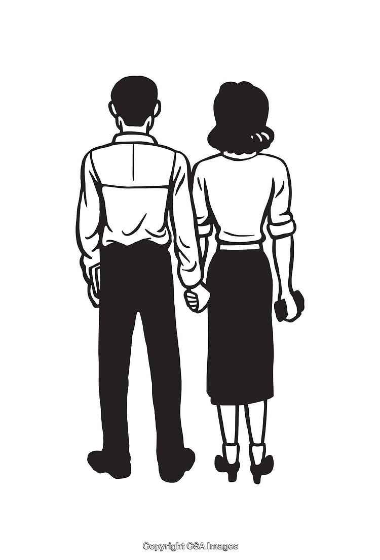 Vintage Illustration of a Couple Holding Hands in Monochrome Line Art Style