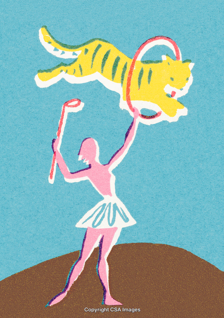 Stylized Tiger Jumping Through Hoop With Performer in Vibrant Illustration