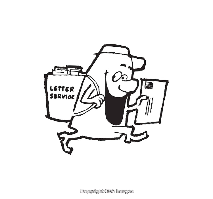 Black and White Cartoon Illustration of a Mail Carrier Delivering Letters