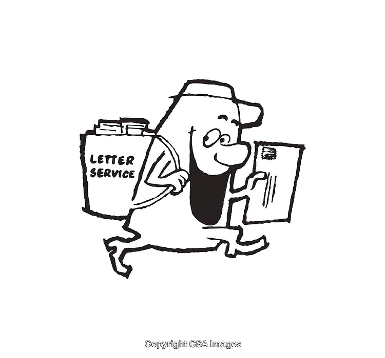 Black and White Cartoon Illustration of a Mail Carrier Delivering Letters