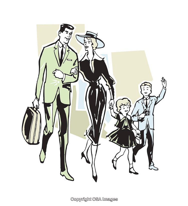 Vintage Style Illustration of a Happy Family Journey
