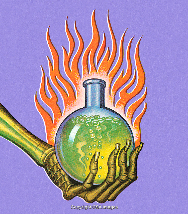 Illustration of a Flaming Green Flask Held by a Metallic Robotic Hand