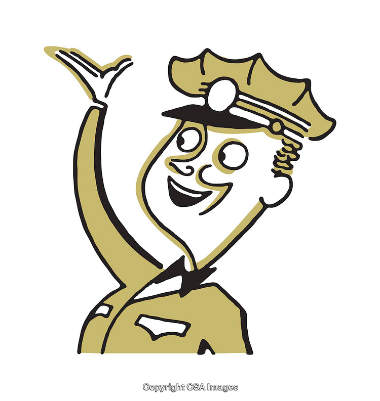 Cheerful Cartoon Policeman Illustration with a Waving Gesture in Yellow Uniform