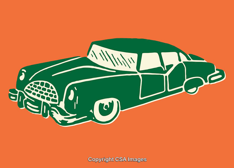 Retro Green Car Illustration on Bright Orange Background in Colorful Line Art Style