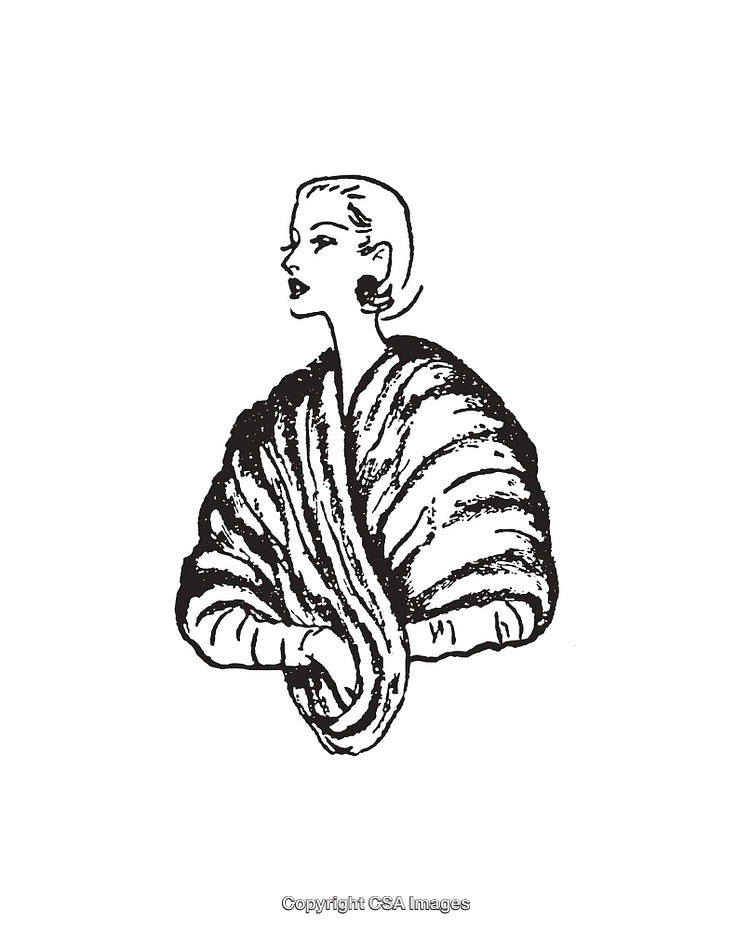 Black and White Line Art of Elegant Woman in Vintage Style Attire
