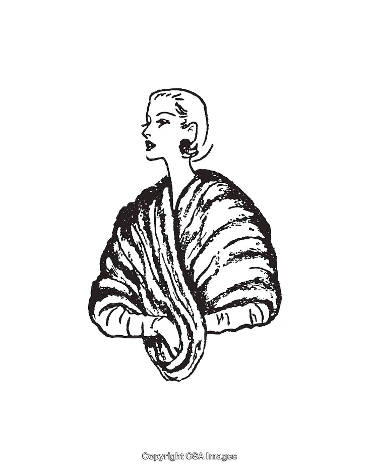 Black and White Line Art of Elegant Woman in Vintage Style Attire