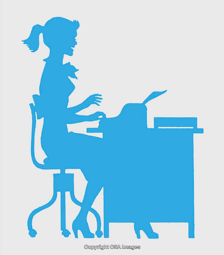 Silhouette of a Woman Typing at a Desk in Vector Line Art