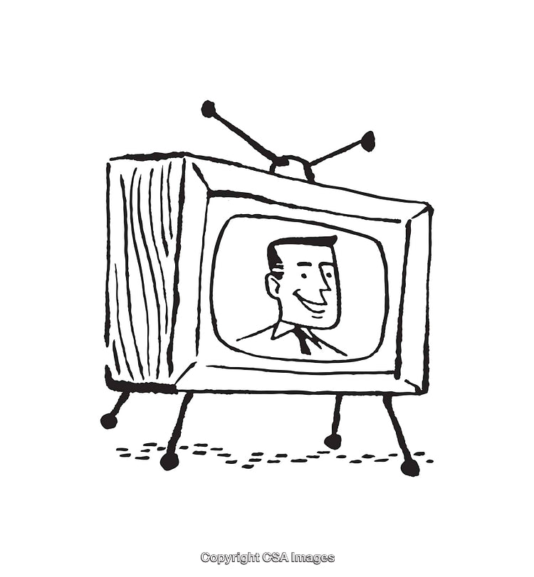 Retro Television with Smiling Man in Black and White Line Illustration