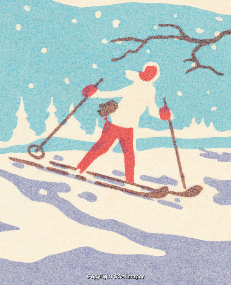Vintage Illustration of a Winter Cross-Country Ski Adventure in the Snow