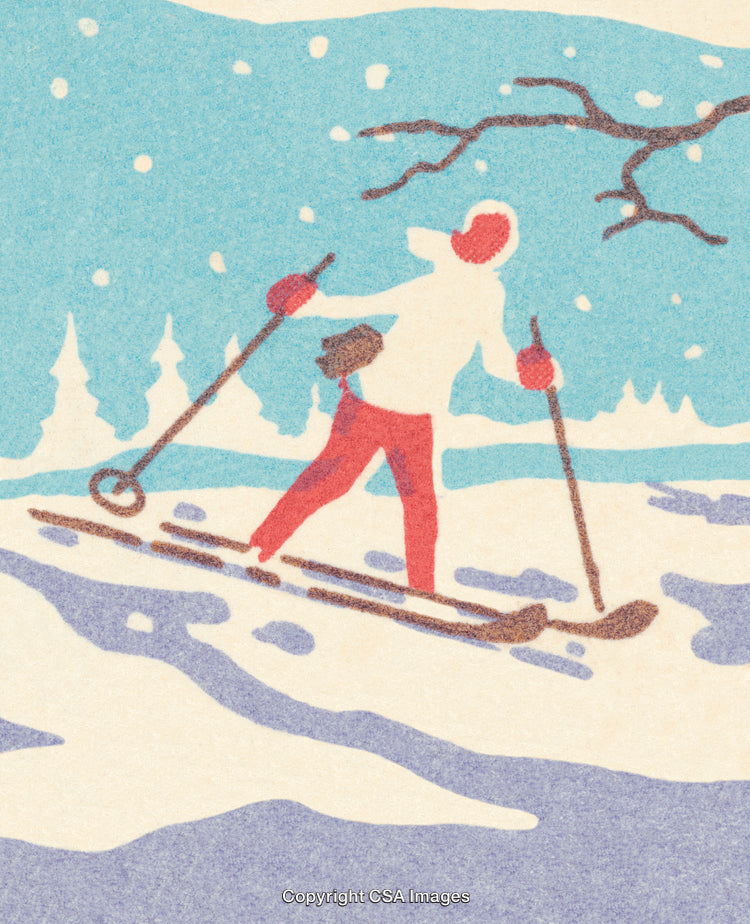 Vintage Illustration of a Winter Cross-Country Ski Adventure in the Snow
