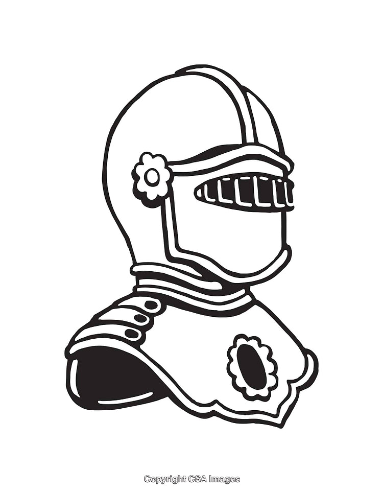 Black and White Line Art of Armored Knight Helmet and Breastplate