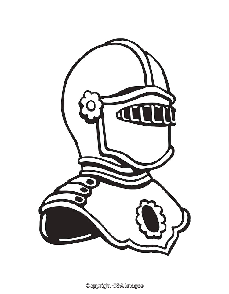 Black and White Line Art of Armored Knight Helmet and Breastplate