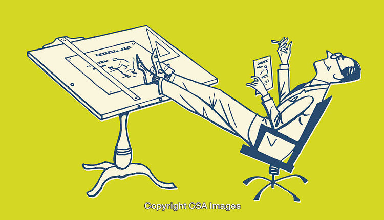 Retro Illustration of a Relaxed Designer at Drafting Table