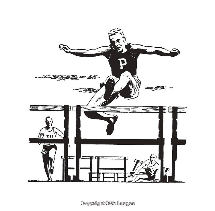 Illustrated Track Athlete Hurdling in a Black and White Scene