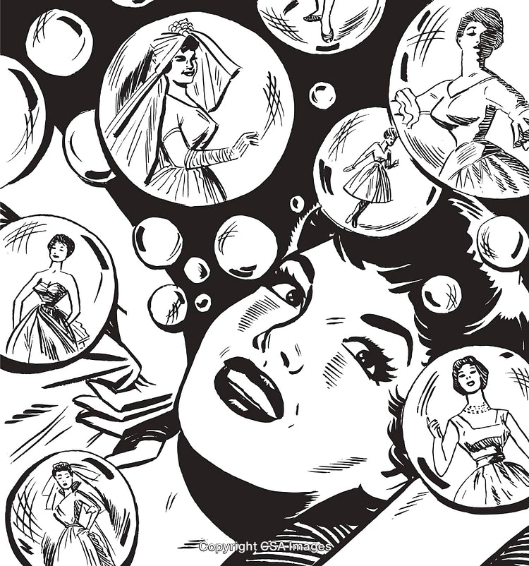 Retro Illustration with Women in Bubbles Representing Memories or Daydreams