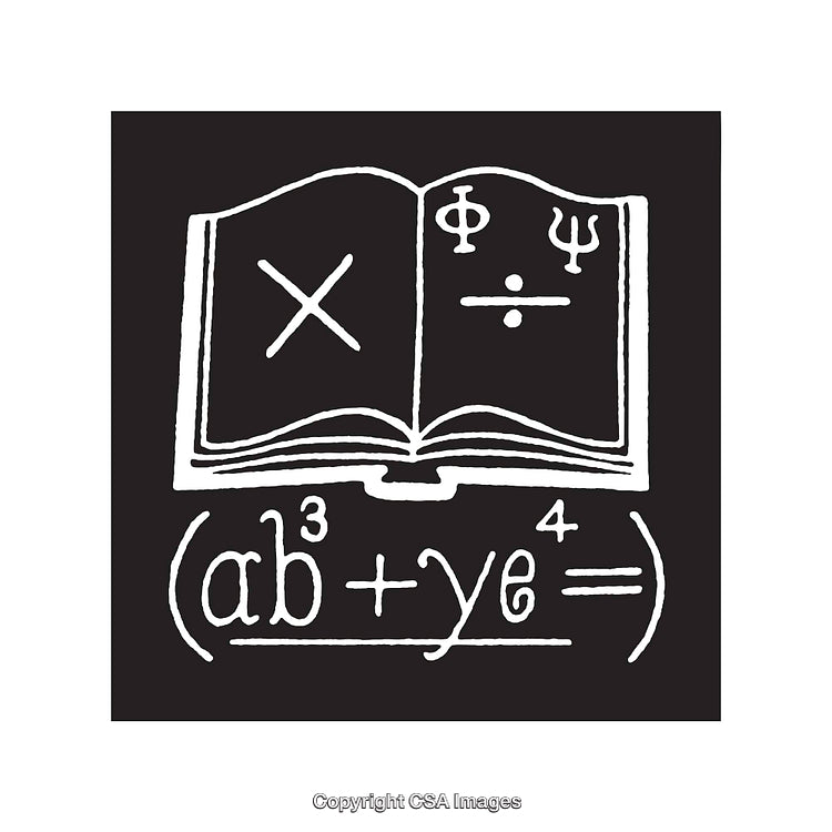 Black And White Illustration of an Open Book with Mathematical Symbols
