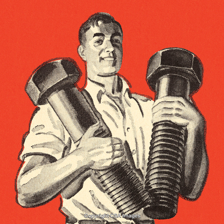 Retro Illustration of Strong Worker Holding Large Bolts on Red Background