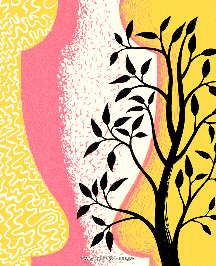 Modern Abstract Illustration Featuring Tree Silhouette and Vibrant Color Patterns