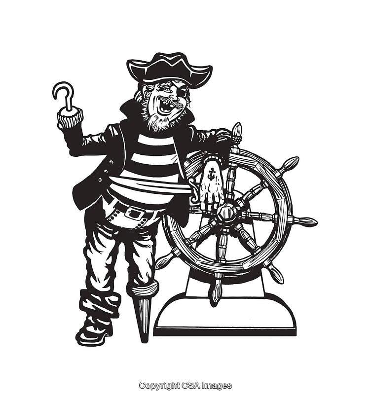 Black and White Line Art Illustration of a Pirate with Ship Wheel