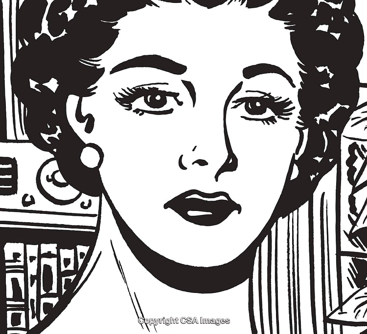 Retro Black and White Illustration of a Woman's Face with Book Background