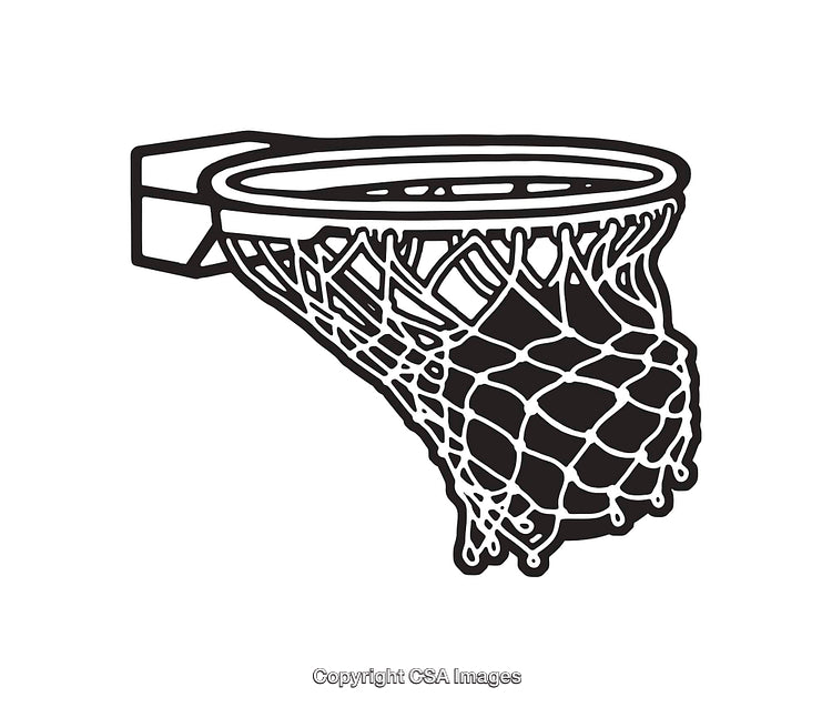 Black and White Line Art Illustration of a Basketball Hoop and Net