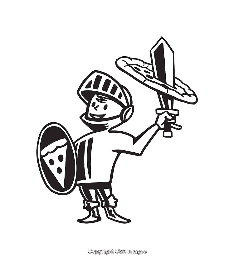 Cartoon Knight Holding Pizza Sword and Slice Shield in Black and White