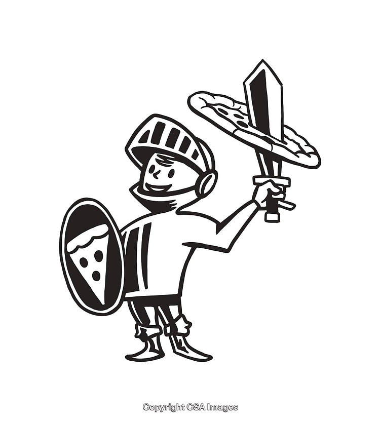 Cartoon Knight Holding Pizza Sword and Slice Shield in Black and White