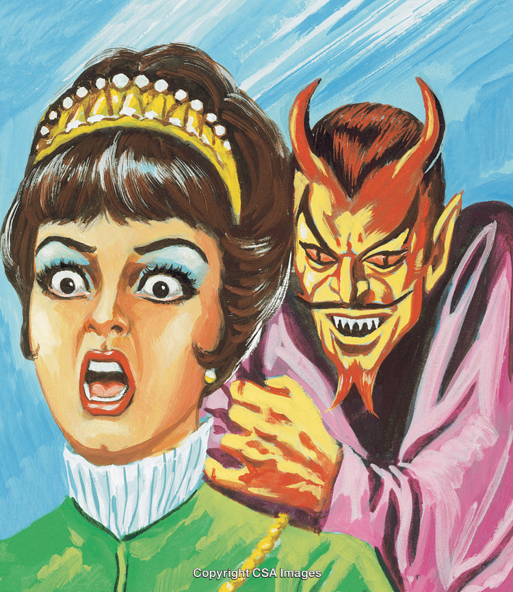 Surprised Woman Confronted by Devilish Figure in Vibrant Illustration