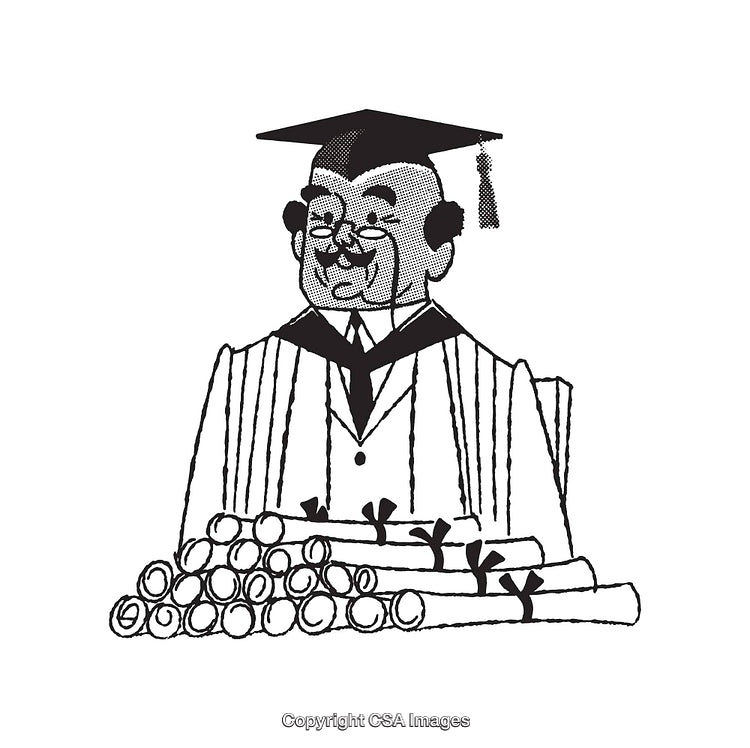Graduation Line Art Featuring Professor and Diplomas Stack