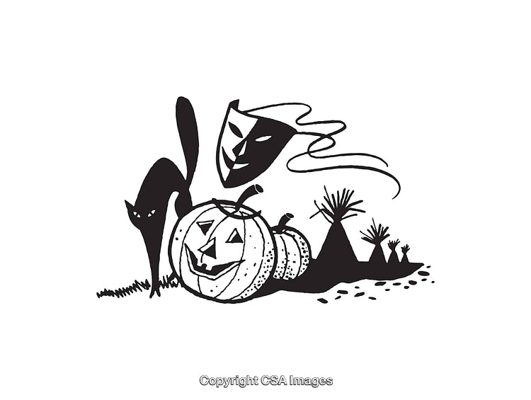 Black and White Line Art Halloween Illustration with Pumpkin and Cat