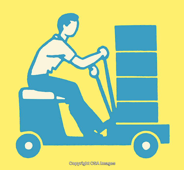 Industrial Worker Operating a Pallet Jack with Cargo on Yellow Background