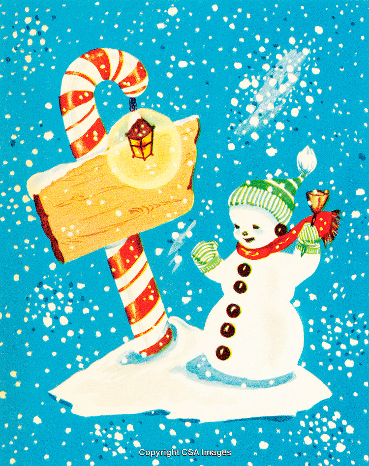 Cheerful Snowman With Candy Cane Post in a Snowy Christmas Scene