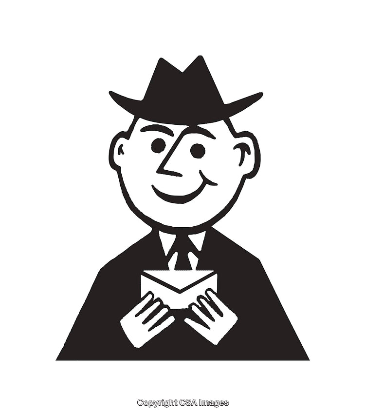 Retro Style Black and White Illustration of a Smiling Man Holding an Envelope