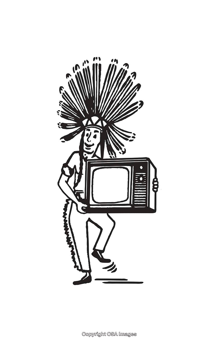 Line Art of Person with Headdress Carrying a Vintage Television