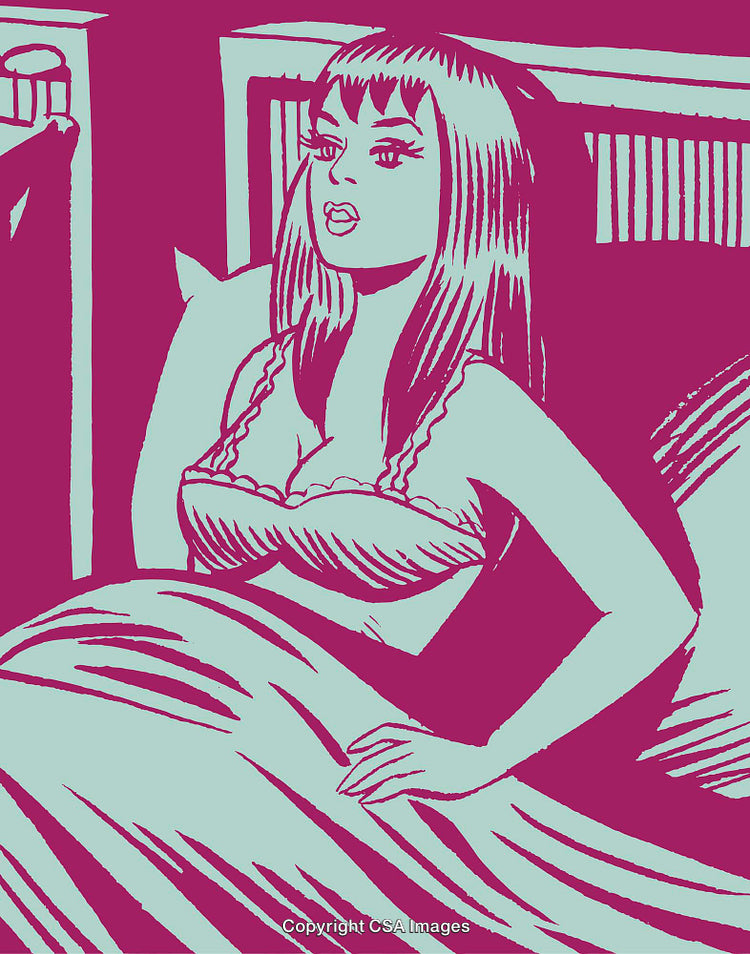 Vintage Pop-Art Illustration of Woman Sitting in Bed at Night