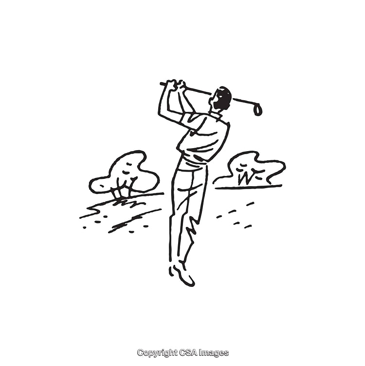 Black and White Line Drawing of a Golfer Swinging on a Course