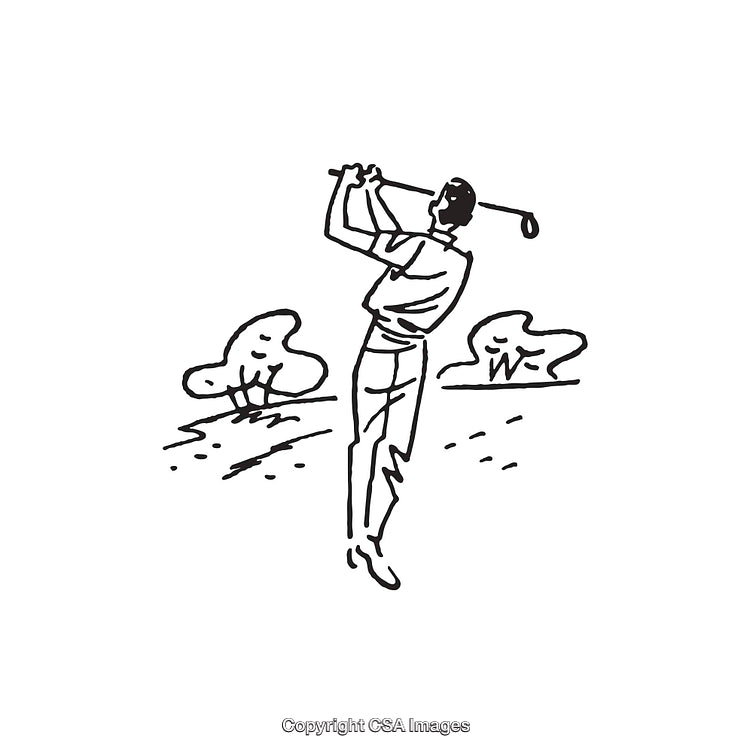 Black and White Line Drawing of a Golfer Swinging on a Course